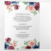Invitation Trois Volets Blush Pink Navy Bourgogne Floral QR Code Mariage (Intérieur en premier)