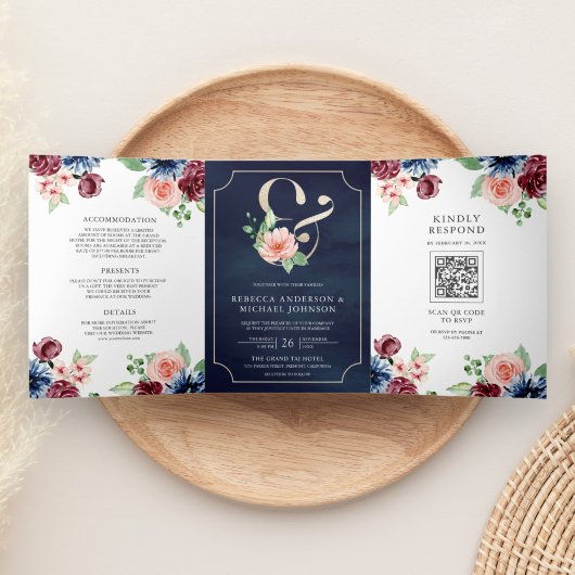 Invitation Trois Volets Blush Pink Navy Bourgogne Floral QR Code Mariage