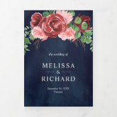 Invitation Trois Volets Blush rose Bourgogne Floral Mariage bleu marine (Page de couverture)