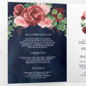 Invitation Trois Volets Blush rose Bourgogne Floral Mariage bleu marine (Intérieur en premier)