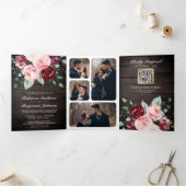 Invitation Trois Volets Blush rose Bourgogne Floral QR Code Mariage bois (Intérieur)