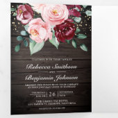 Invitation Trois Volets Blush rose Bourgogne Floral QR Code Mariage bois (Intérieur en premier)