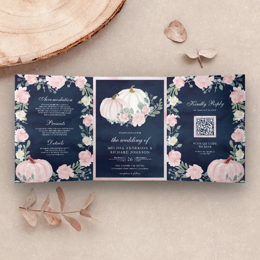 Invitation Trois Volets Blush rose Floral Citrouille QR Code Marine Mariag