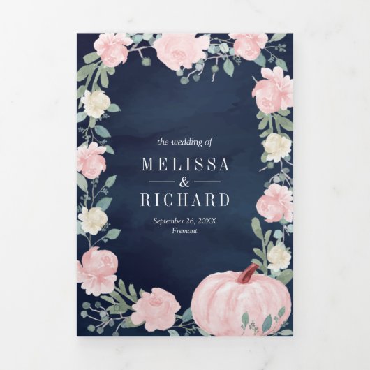 Invitation Trois Volets Blush rose Floral Citrouille QR Code Marine Mariag (Page de couverture)