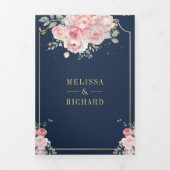 Invitation Trois Volets Blush rose Floral Marine bleu tout en un Mariage (Page de couverture)