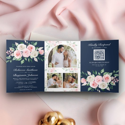 Invitation Trois Volets Blush rose Floral Navy bleu QR Code Mariage