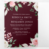Invitation Trois Volets Blush rose Floral QR Code Bourgogne Mariage (Intérieur en premier)