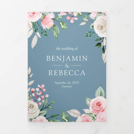 Invitation Trois Volets Blush rose Floral QR Code Dusty Blue Mariage (Page de couverture)