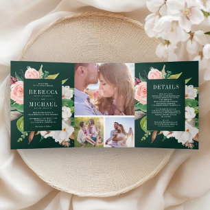 Invitation Trois Volets Blush Rose Magnolia Blanche Floral Émeraude Mariag