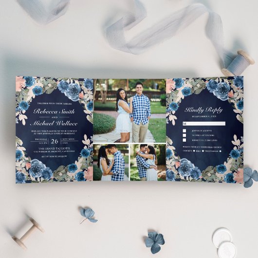Invitation Trois Volets Blush Rose Navy Blue Floral Midnight Photo Mariage
