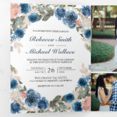 Invitation Trois Volets Blush Rose Navy Blue Floral Photo Collage Mariage (Intérieur en premier)