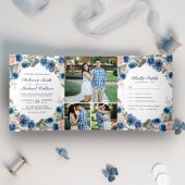 Invitation Trois Volets Blush Rose Navy Blue Floral Photo Collage Mariage