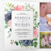 Invitation Trois Volets Blush Rose Navy Blue Floral Photo Collage Mariage (Intérieur en premier)
