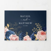 Invitation Trois Volets Blush Rose & Navy Florals Mariage élégant (Page de couverture)