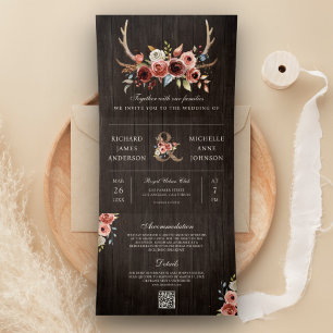 Invitation Trois Volets Bohème bois ramure Terracotte Fleurs Mariage Code 
