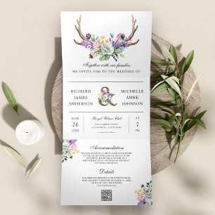Invitation Trois Volets Boho Antlers Fleur sauvage Floral QR Code Mariage
