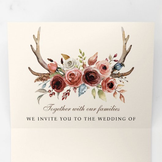 Invitation Trois Volets Boho Antlers Terracotta Floral QR Code Mariage (Intérieur en premier)