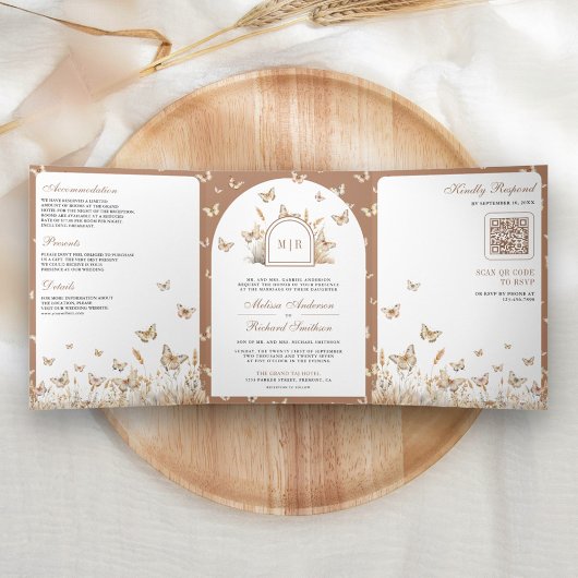 Invitation Trois Volets Boho Beige Fleur sauvage Butterfly Arch Mariage