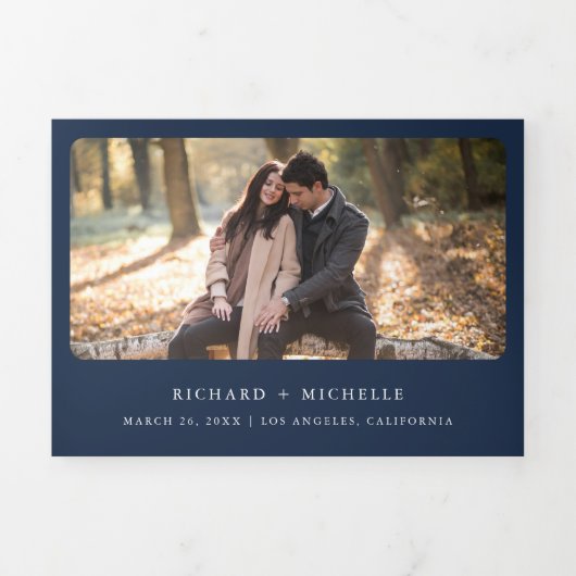 Invitation Trois Volets Boho Burgundy Roses Sunflower Navy QR Code Mariage (Page de couverture)