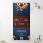 Invitation Trois Volets Boho Burgundy Roses Sunflower Navy QR Code Mariage (Intérieur)