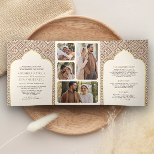 Invitation Trois Volets Boho Crème Géométrique Tout en Un Mariage Indien