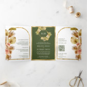 Invitation Trois Volets Boho Earthy Floral Olive Green QR Code Mariage (Intérieur)
