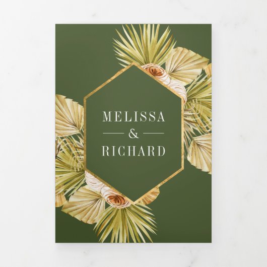 Invitation Trois Volets Boho Earthy Floral Olive Green QR Code Mariage (Page de couverture)