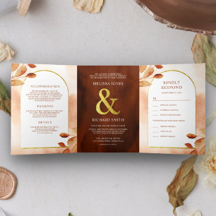 Invitation Trois Volets Boho Earthy Terracotta Feuilles Arc 3 en 1 Mariage