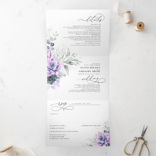 Invitation Trois Volets Boho Elegant Purple Succulents Mariage de verdure (Intérieur)