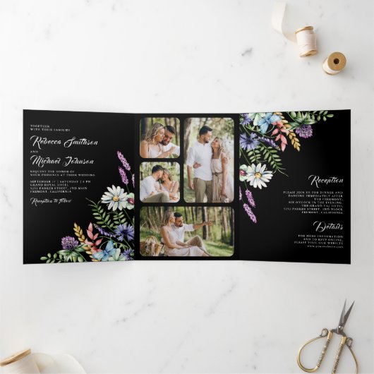 Invitation Trois Volets Boho Fleur sauvage photo tout en un Mariage noir (Intérieur)