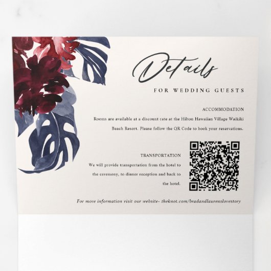 Invitation Trois Volets Boho Marine Maroon Monstera Floral QR Code Mariage (Intérieur en premier)