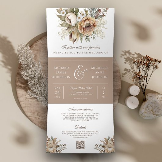 Invitation Trois Volets Boho Neutral Terme Floral Taupe QR Code Mariage
