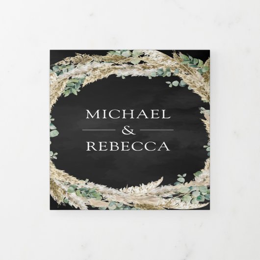 Invitation Trois Volets Boho Pampas Eucalyptus Wreath Mariage noir (Protection)