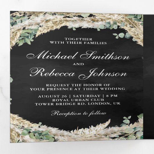 Invitation Trois Volets Boho Pampas Eucalyptus Wreath Mariage noir (Intérieur en premier)
