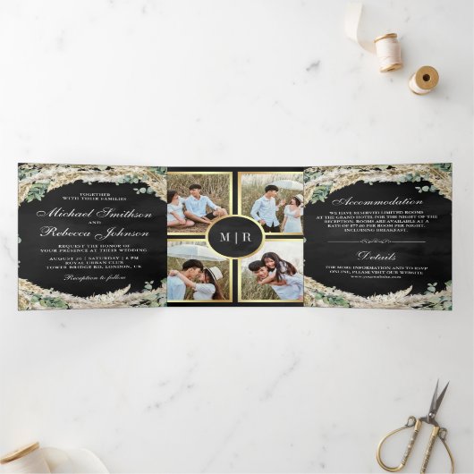 Invitation Trois Volets Boho Pampas Eucalyptus Wreath Mariage noir (Intérieur)