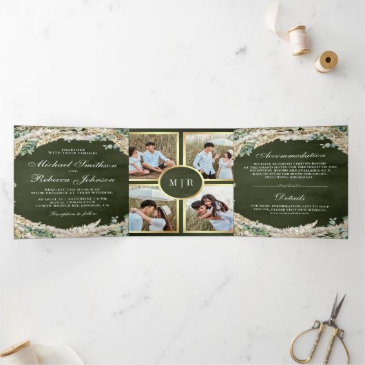 Invitation Trois Volets Boho Pampas Eucalyptus Wreath Sage Mariage vert (Intérieur)