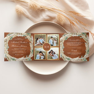 Invitation Trois Volets Boho Pampas Eucalyptus Wreath Terracotta Mariage