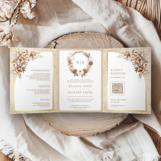 Invitation Trois Volets Boho Pampas Neutral Beige Terme Mariage Floral