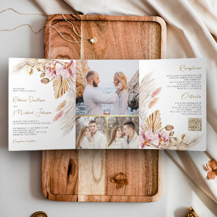 Invitation Trois Volets Boho Pampas Pink Orchid Floral QR Code Mariage