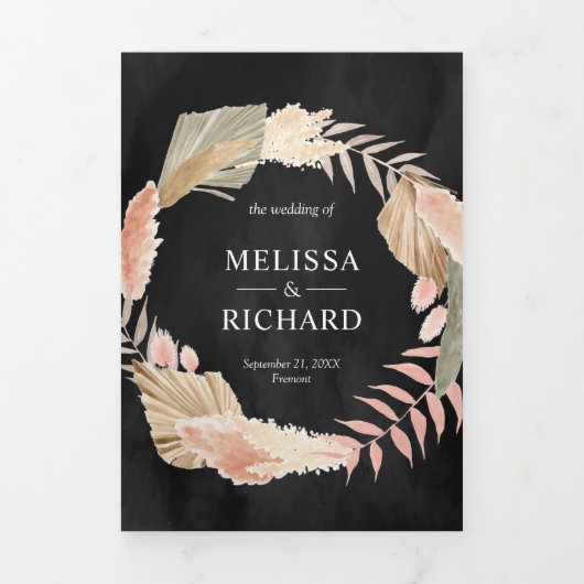 Invitation Trois Volets Boho Pampas séché Palm noir tout en un Mariage (Page de couverture)