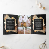 Invitation Trois Volets Boho Pampas séché Palm Photo Collage Mariage noir (Intérieur)