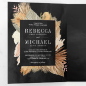 Invitation Trois Volets Boho Pampas séché Palm Photo Collage Mariage noir (Intérieur en premier)