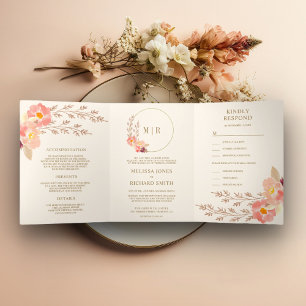Invitation Trois Volets Boho Peach Floral Tout en un Mariage ivoire