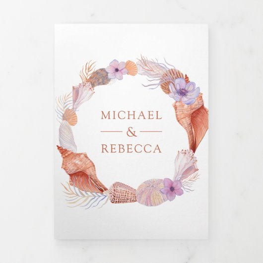 Invitation Trois Volets Boho Rustique Coquillages Nautique QR Code Mariage (Page de couverture)