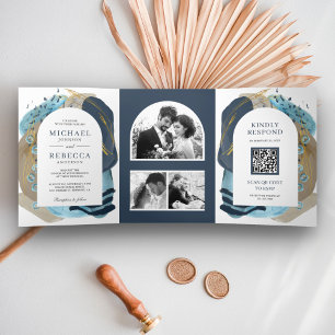 Invitation Trois Volets Boho Taupe Bleu Nuit Pinceaux Code QR Mariage