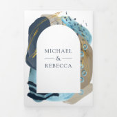 Invitation Trois Volets Boho Taupe Marine Bleu Brush Strokes QR Code Maria (Page de couverture)