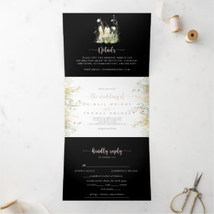 Invitation Trois Volets Boho vert Fleur sauvage noir Le Mariage de