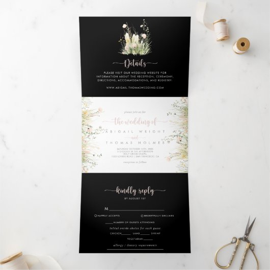 Invitation Trois Volets Boho vert Fleur sauvage noir Le Mariage de (Intérieur)