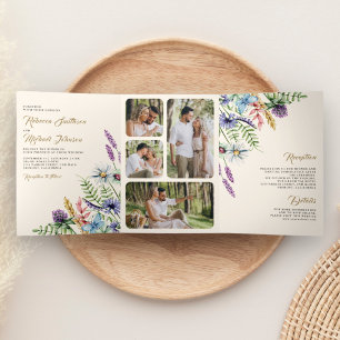 Invitation Trois Volets Boho Wildflower Photo Crème Tout en Un Mariage