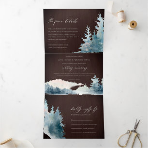 INVITATION TROIS VOLETS BOIS BROWN MONTAGNES BLEU PINE COULEUR D'EAU MARIA